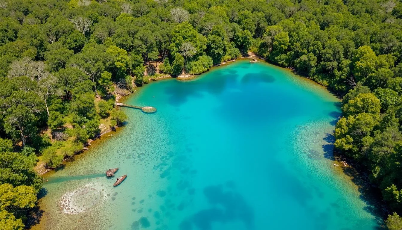 Aerial view of Wekiwa Springs State Park in Seminole County, Florida showing crystal clear blue waters surrounded by lush green forest