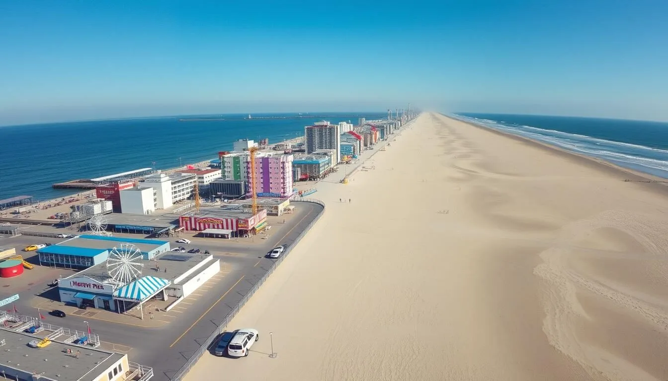 Aerial view of Wildwood, New Jersey boardwalk and beach on a sunny summer day