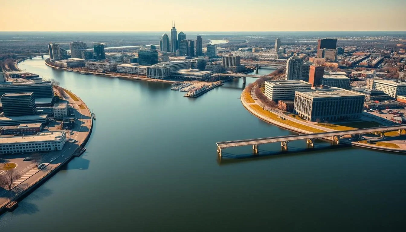 Aerial view of Wilmington Delaware skyline along the Christina River on a sunny day