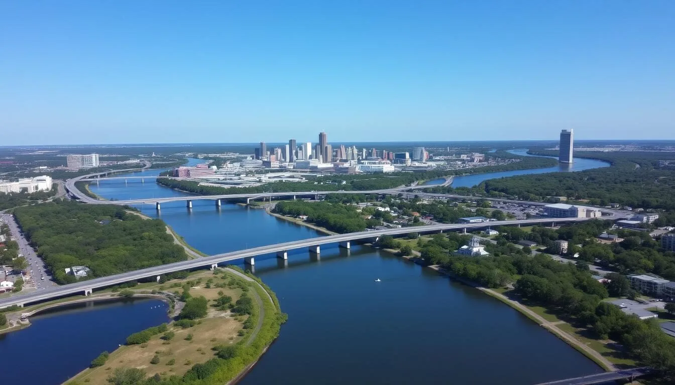 Aerial view of Wilmington North Carolina with the Cape Fear River and downtown skyline on a sunny day