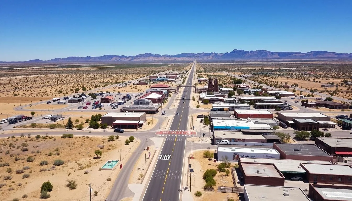 Aerial view of Winslow, Arizona showing Route 66 and surrounding desert landscape