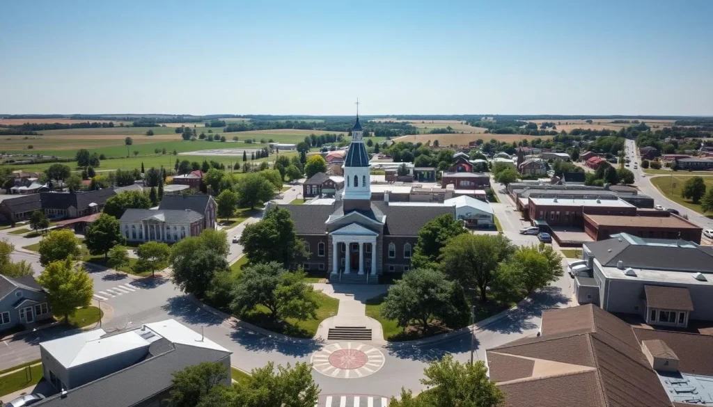 Aerial view of Winterset, Iowa showing the town square with the Madison County Courthouse in the center surrounded by tree-lined streets Aerial view of Winterset, Iowa showing the town square with the Madison County Courthouse in the center surrounded by tree-lined streets
