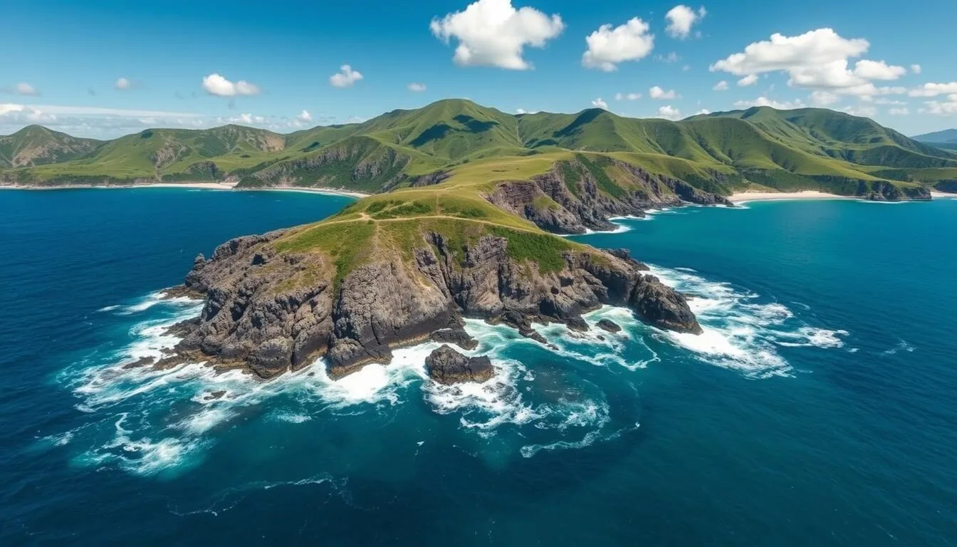 Aerial view of Yonaguni Island showing its dramatic coastline and the westernmost point of Japan
