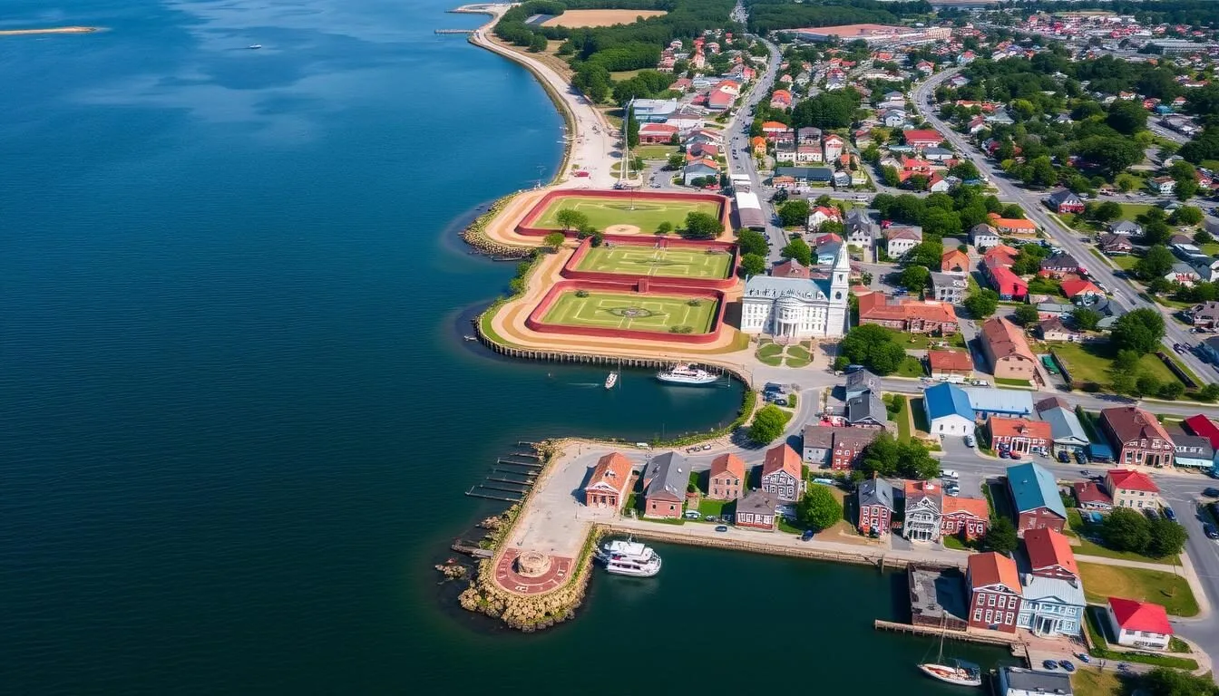 Aerial view of Yorktown, Virginia showing the York River, historic battlefield, and charming waterfront on a beautiful sunny day