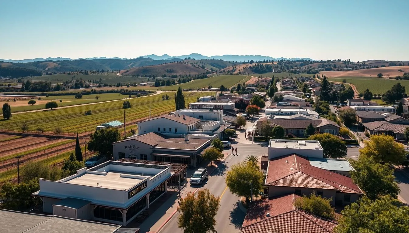 Aerial view of Yountville, California showing vineyards, restaurants, and the main street on a sunny day