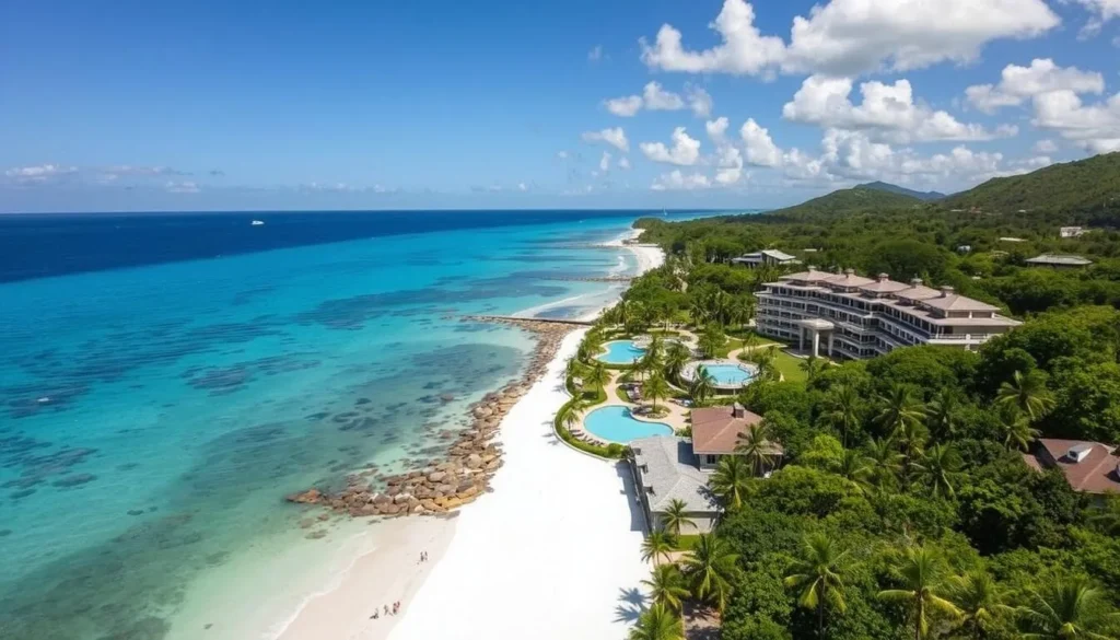Aerial view of a beachfront resort near Indian Town National Park in Antigua with ocean views Aerial view of a beachfront resort near Indian Town National Park in Antigua with ocean views