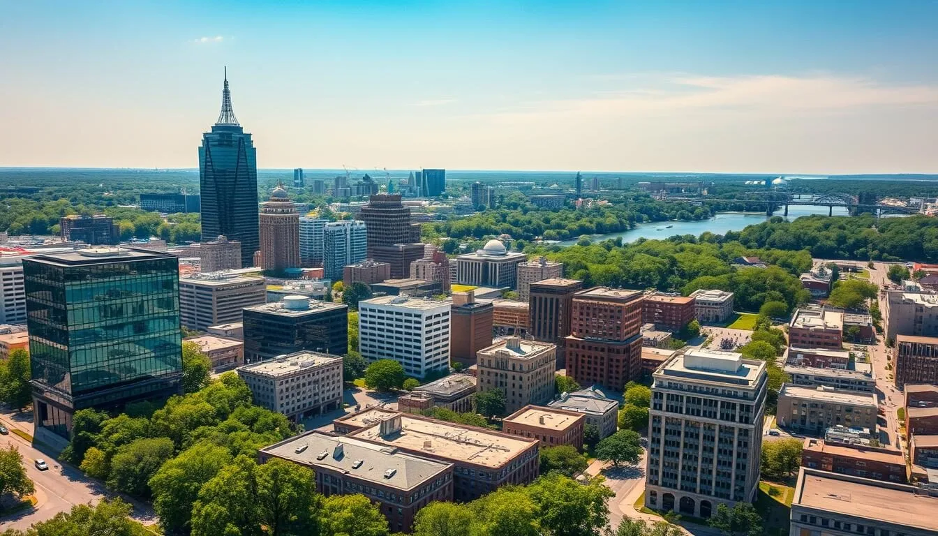Aerial view of downtown Akron, Ohio showing the city skyline with the Cuyahoga Valley in the background on a sunny day