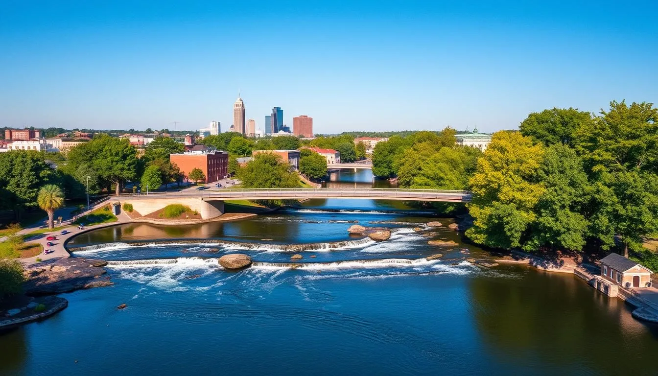 Aerial view of downtown Greenville South Carolina with the Liberty Bridge and Falls Park on the Reedy visible on a sunny day