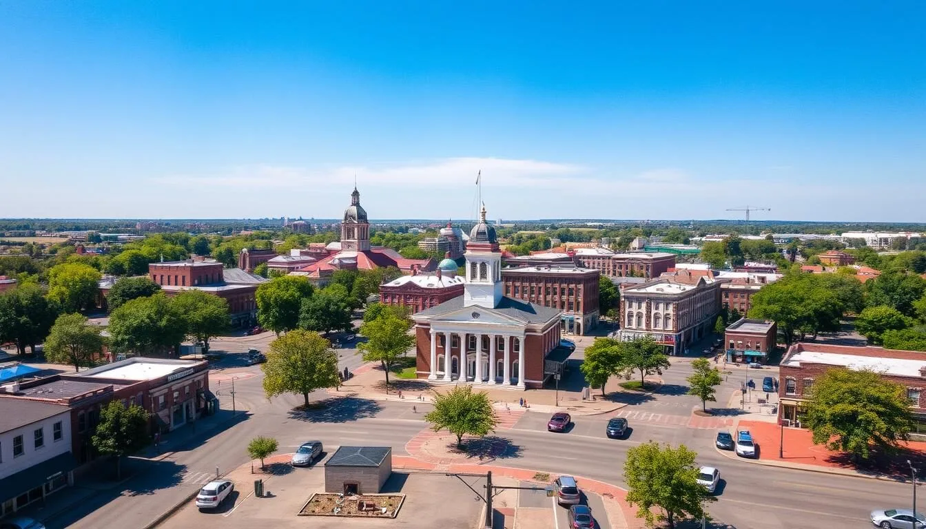Aerial-view-of-downtown-Murfreesboro-Tennessee-showing-the-historic-courthouse-square-and Aerial view of downtown Murfreesboro, Tennessee showing the historic courthouse square and surrounding streets on a beautiful sunny day