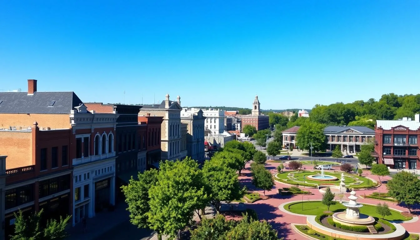 Aerial view of downtown Saratoga Springs with Broadway Street and Congress Park on a sunny day