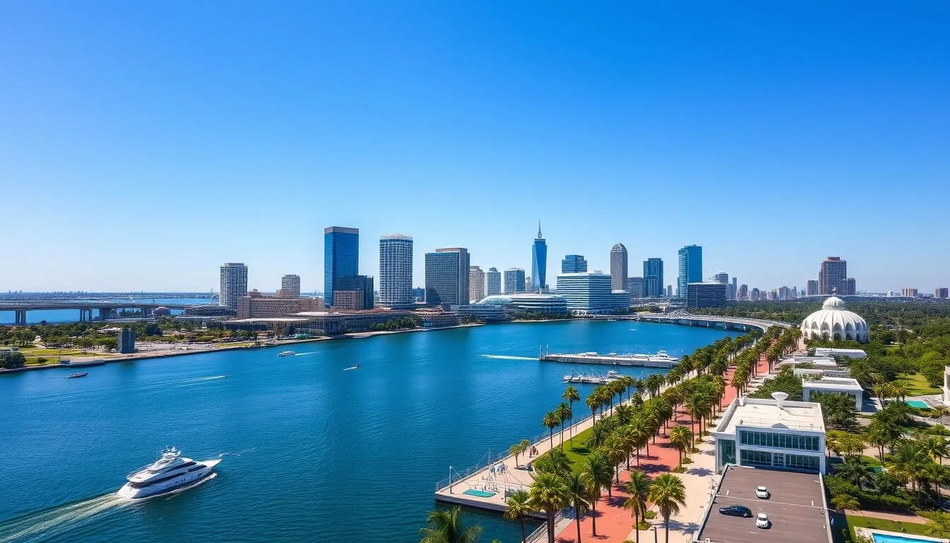 Aerial view of downtown Tampa skyline with the Hillsborough River and Tampa Riverwalk on a sunny day