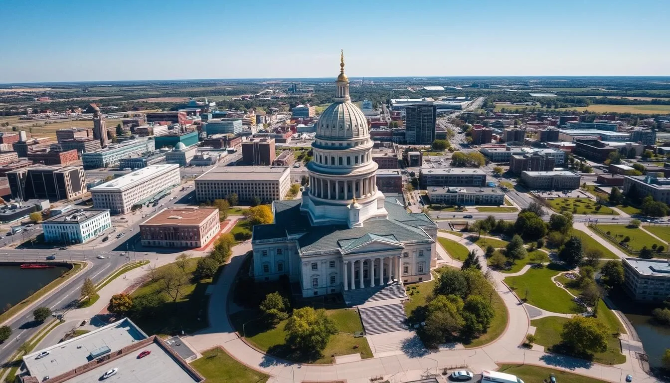 Aerial view of downtown Topeka, Kansas showing the Capitol building and surrounding cityscape on a sunny day