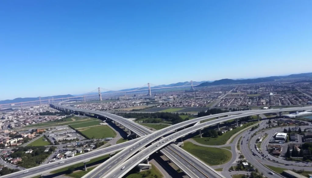 Aerial view of major highways in Alameda County California with the Bay Bridge visible Aerial view of major highways in Alameda County California with the Bay Bridge visible