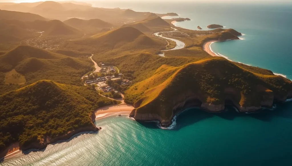 Aerial view of the Cabinda peninsula, a lush tropical enclave nestled along the Atlantic coast of Angola. Rolling hills and verdant forests surround the sparkling turquoise waters, dotted with small fishing villages and winding rivers. Warm sunlight casts a golden glow over the scene, illuminating the region's natural beauty. Dramatic cliffs jut out from the coastline, creating a stunning contrast with the calm, azure ocean. In the distance, the silhouettes of palm trees sway gently in the breeze. Capture the essence of this unique Angolan province, a hidden gem waiting to be discovered.