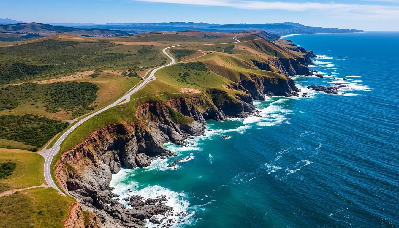 Aerial view of the Mendocino County California coastline with Highway 1 winding along cliffs