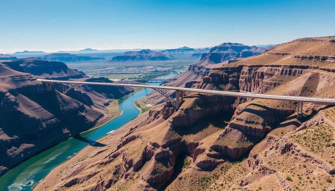 Aerial view of the Perrine Bridge spanning the Snake River Canyon in Twin Falls Idaho