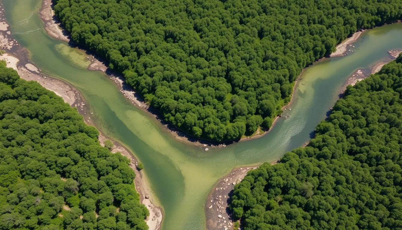 Aerial view of the Suwannee River winding through Lafayette County, Florida with lush green forests on both banks