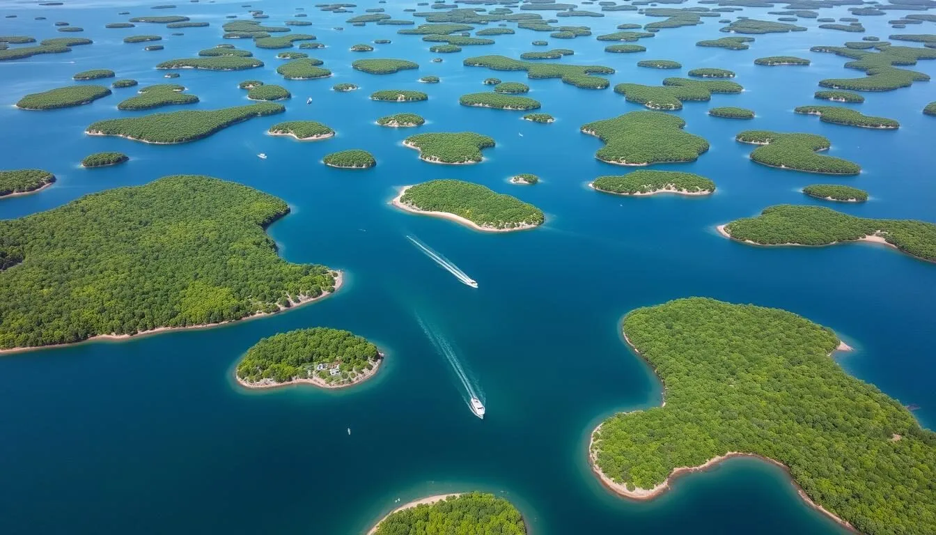 Aerial view of the Thousand Islands in Jefferson County, New York showing lush islands dotted throughout blue waters on a sunny day