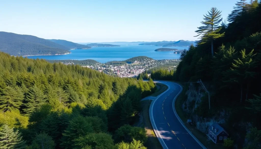 Aerial view of the road leading into Camden with mountains and ocean visible Aerial view of the road leading into Camden with mountains and ocean visible