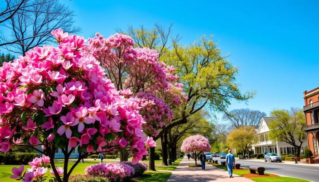 Aiken, South Carolina in spring with blooming azaleas and dogwoods along tree-lined streets Aiken, South Carolina in spring with blooming azaleas and dogwoods along tree-lined streets