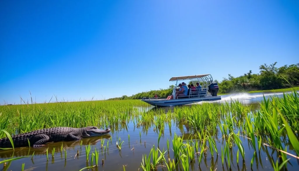 Airboat tour in Everglades National Park with alligators and sawgrass prairie Airboat tour in Everglades National Park with alligators and sawgrass prairie