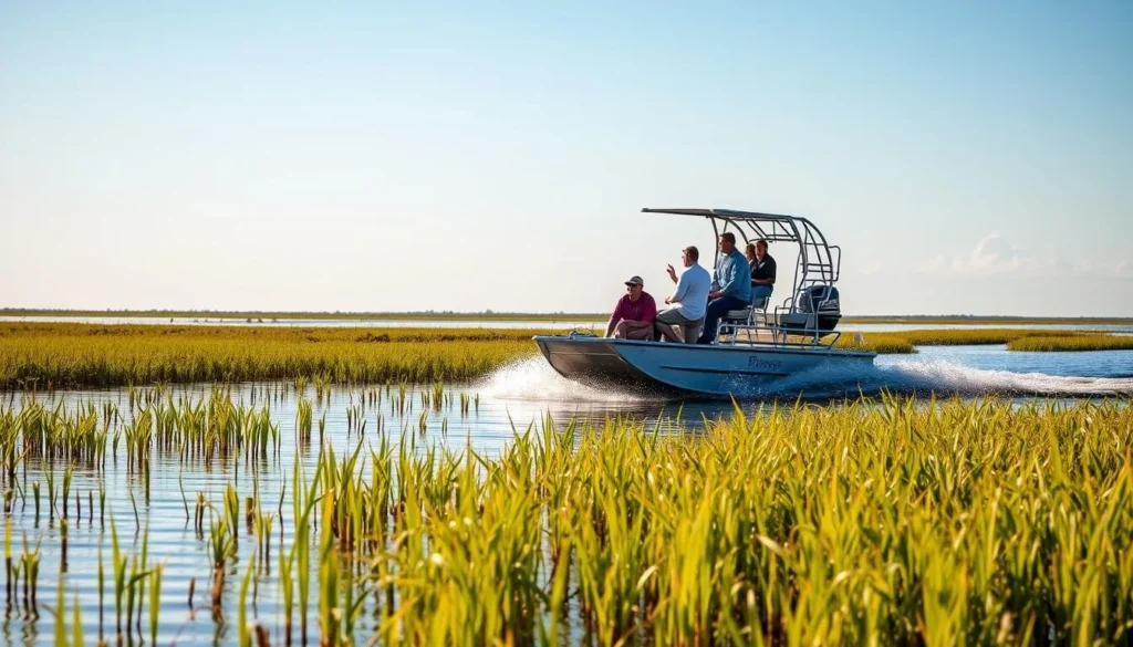 Airboat tour on Lake Okeechobee in Hendry County, Florida with wildlife visible Airboat tour on Lake Okeechobee in Hendry County, Florida with wildlife visible