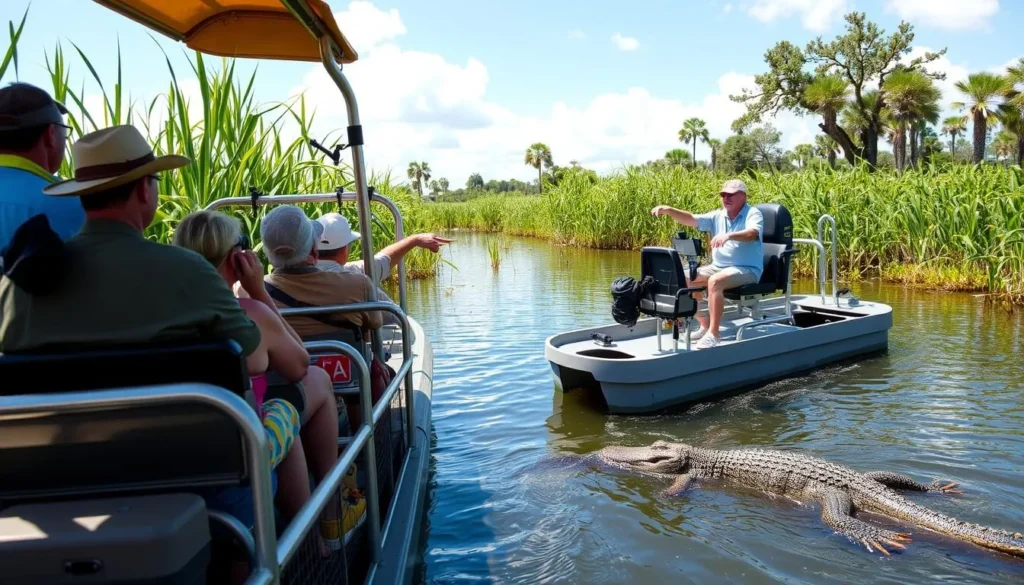Airboat tour through Florida wetlands in Orange County with alligator visible in water Airboat tour through Florida wetlands in Orange County with alligator visible in water