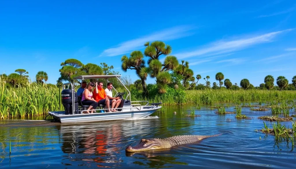Airboat tour through Florida wetlands with alligator visible in water Airboat tour through Florida wetlands with alligator visible in water