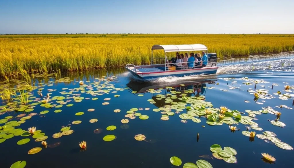 Airboat tour through marshes of Lake Okeechobee with wildlife and water lilies visible in Okeechobee County, Florida Airboat tour through marshes of Lake Okeechobee with wildlife and water lilies visible in Okeechobee County, Florida