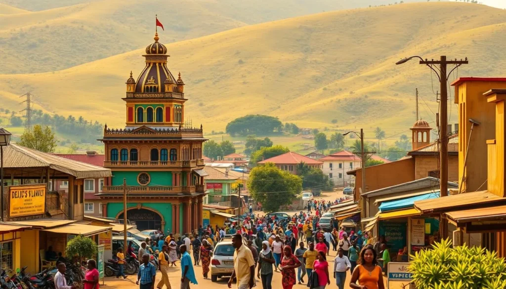 Akure, a vibrant city nestled in the heart of Nigeria, comes alive in this captivating image. In the foreground, the iconic Deji's Palace stands tall, its intricate architecture and vibrant colors commanding attention. The middle ground showcases the bustling streets, filled with locals going about their daily lives, their colorful attire adding to the lively atmosphere. In the background, the lush, verdant hills of Akure's natural landscape provide a serene backdrop, contrasting the urban vibrancy. Warm, golden sunlight bathes the scene, casting a warm glow and highlighting the city's unique charm. The image conveys a sense of harmony, where the historic and the modern coexist seamlessly, inviting the viewer to explore the hidden gems of this remarkable destination.