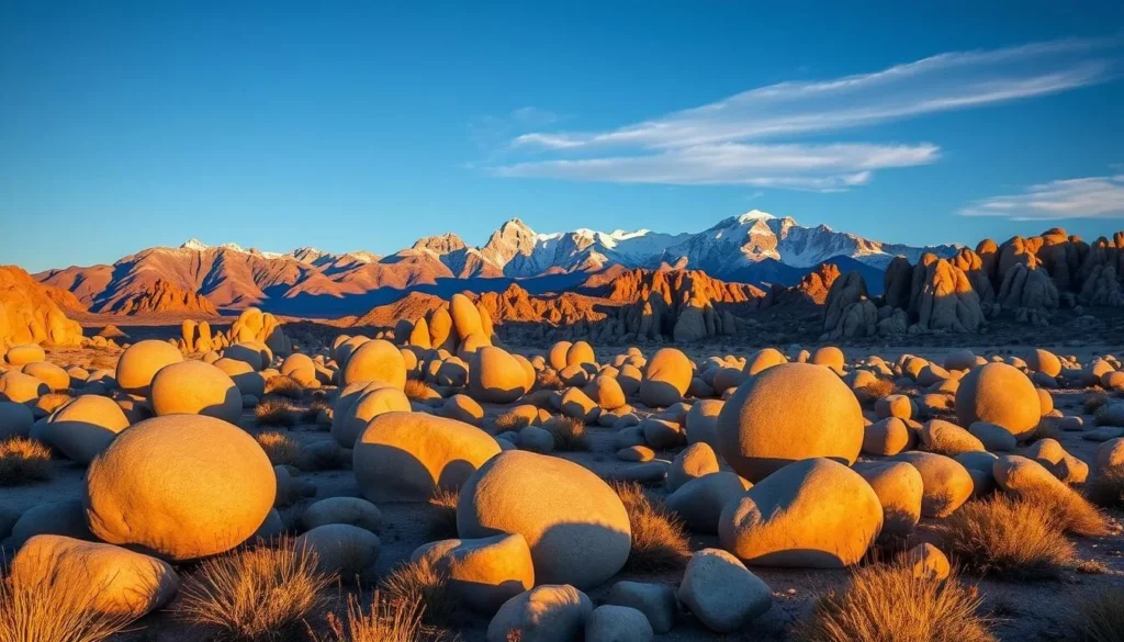 Alabama Hills rock formations with Mount Whitney in background, Inyo County California things to do Alabama Hills rock formations with Mount Whitney in background, Inyo County California things to do