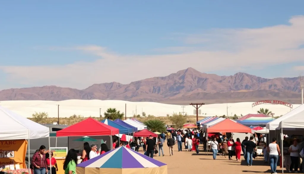 Alamogordo, New Mexico, in the heart of the Southwest: a vibrant landscape of desert hues and towering mountains. Capture the essence of its seasonal events, where the foreground showcases a lively festival, with colorful tents, locals in traditional attire, and the aroma of delectable cuisine wafting through the air. In the middle ground, admire the majestic White Sands National Park, its gypsum dunes shimmering under the warm, golden sunlight. In the background, the rugged peaks of the Sacramento Mountains rise, casting a serene and awe-inspiring backdrop. Convey a sense of community, celebration, and the natural beauty that defines Alamogordo's seasonal celebrations.