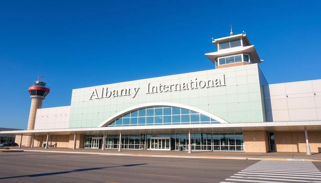 Albany International Airport terminal with modern architecture and clear blue sky