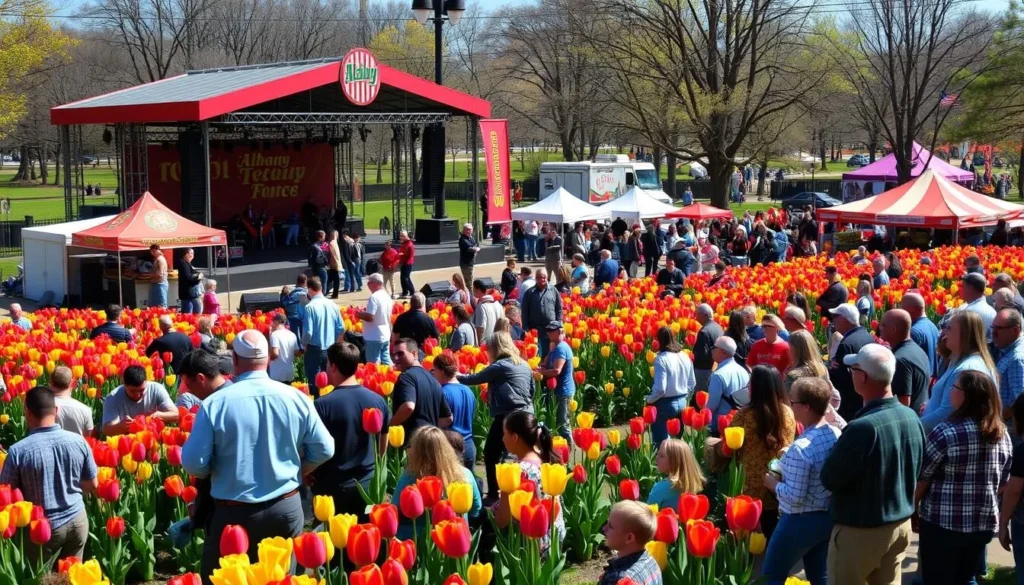 Albany Tulip Festival celebration with colorful tulip displays, entertainment, and crowds enjoying the festivities Albany Tulip Festival celebration with colorful tulip displays, entertainment, and crowds enjoying the festivities