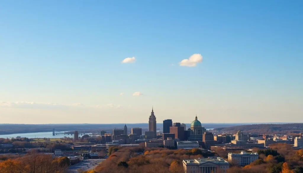 Albany skyline view with Empire State Plaza and surrounding area on a beautiful clear day Albany skyline view with Empire State Plaza and surrounding area on a beautiful clear day