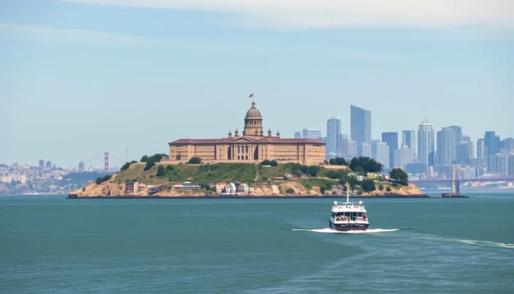 Alcatraz Island prison building with San Francisco skyline in the background Alcatraz Island prison building with San Francisco skyline in the background