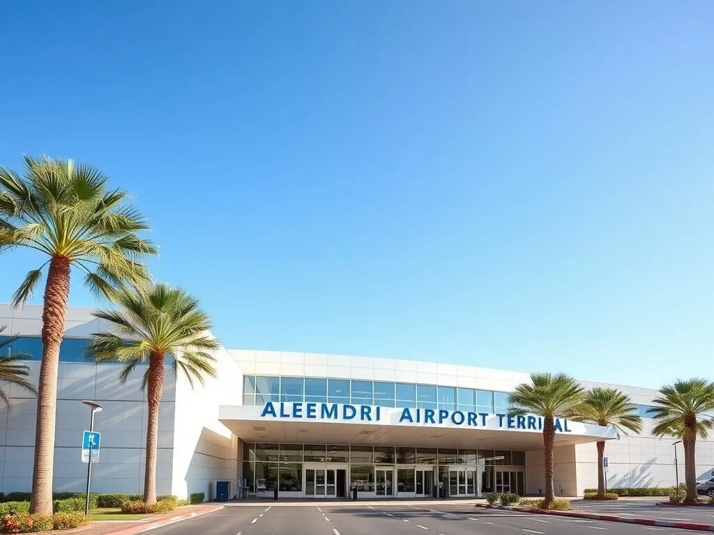 Alexandria International Airport terminal entrance with palm trees and clear signage Alexandria International Airport terminal entrance with palm trees and clear signage