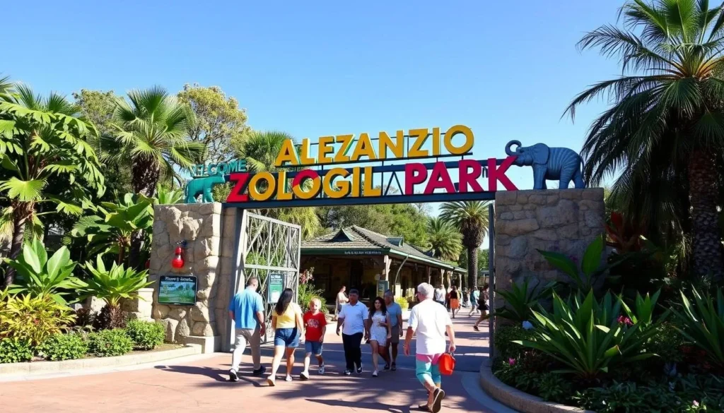 Alexandria Zoological Park entrance with colorful signage and tropical plants Alexandria Zoological Park entrance with colorful signage and tropical plants