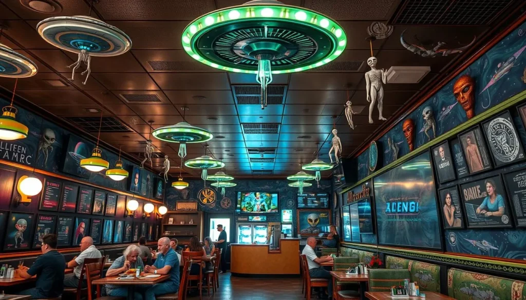 Alien-themed restaurant interior with UFO decorations, Roswell, New Mexico Alien-themed restaurant interior with UFO decorations, Roswell, New Mexico