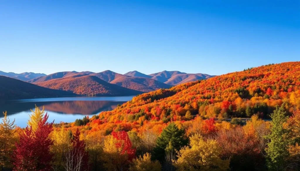 Allegany County New York in autumn with vibrant fall foliage reflecting in a lake Allegany County New York in autumn with vibrant fall foliage reflecting in a lake
