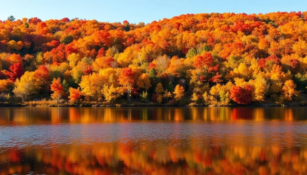 Allegheny National Forest in autumn with vibrant fall foliage reflecting in a lake Allegheny National Forest in autumn with vibrant fall foliage reflecting in a lake