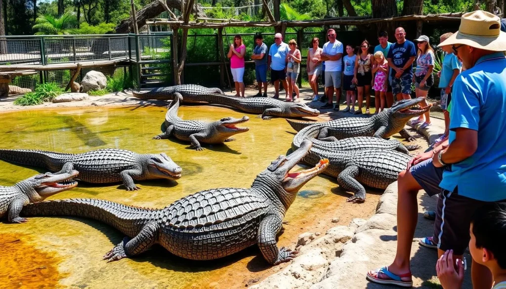 Alligator exhibit at Gatorland Orlando with visitors watching feeding demonstration Alligator exhibit at Gatorland Orlando with visitors watching feeding demonstration