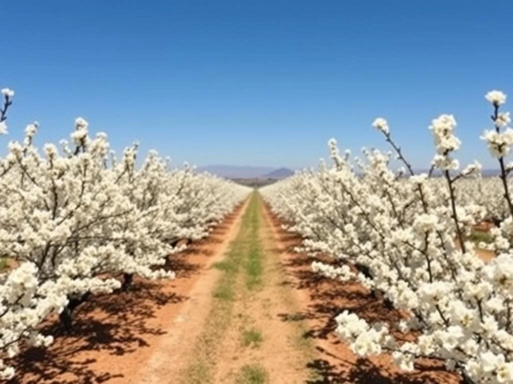 Almond orchards in full bloom during spring in Stanislaus County