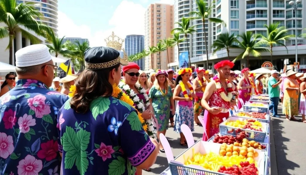 Aloha Festivals in Waikiki, featuring royal court investitures, floral parades, and traditional Hawaiian foods.