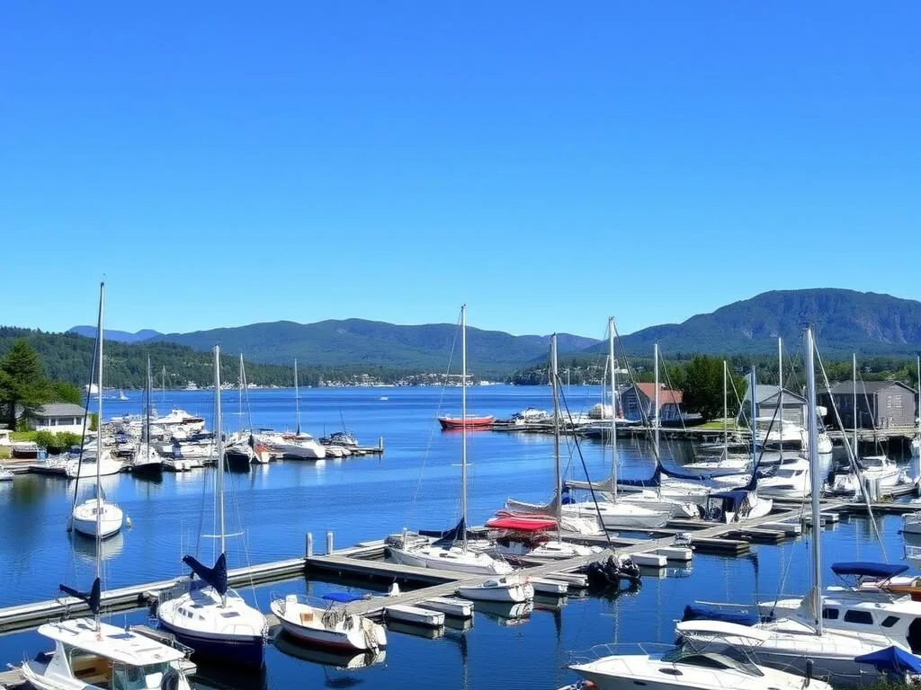 Alton Bay with boats docked at the marina and mountains in the background Alton Bay with boats docked at the marina and mountains in the background