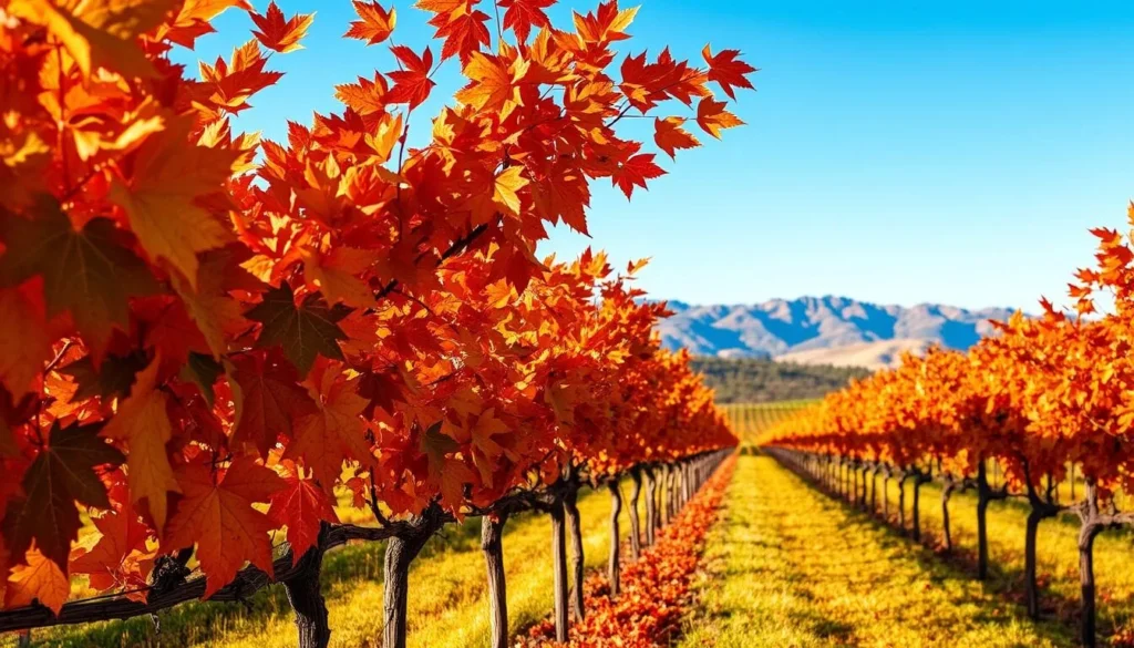 Amador County vineyard in autumn with colorful fall foliage and mountains in background