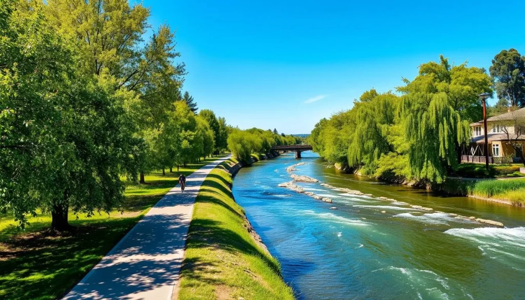 American River Parkway with cyclists on trail alongside river with trees and blue sky