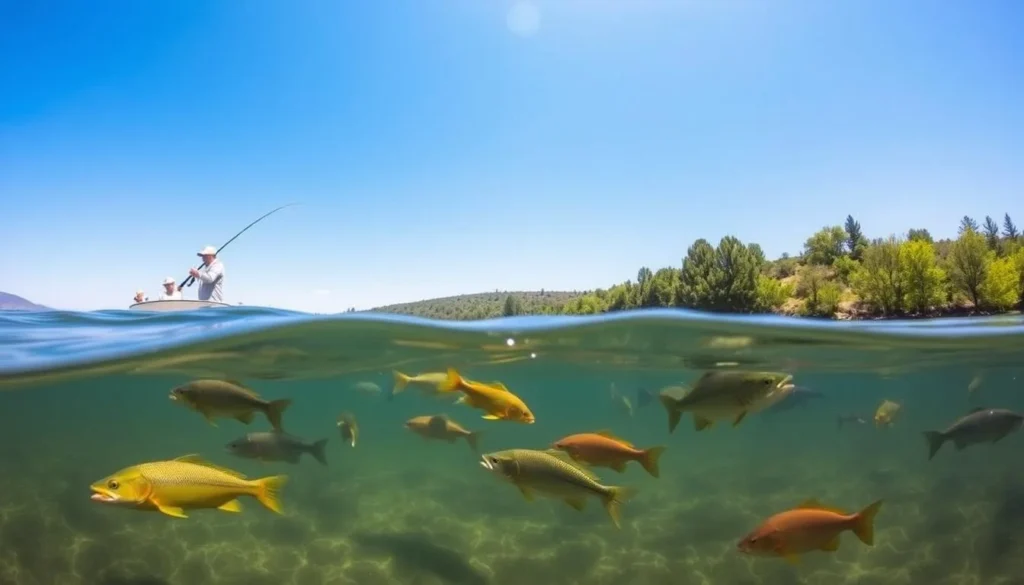 American River Reservoir fishing scene with anglers and diverse fish species