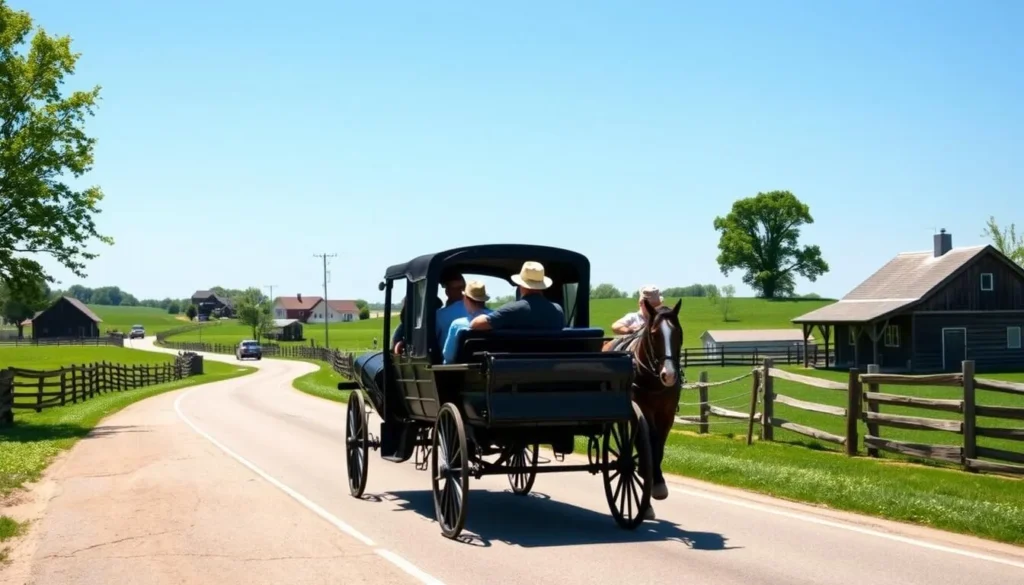 Amish buggy ride tour in Lancaster, Pennsylvania with tourists experiencing traditional transportation Amish buggy ride tour in Lancaster, Pennsylvania with tourists experiencing traditional transportation