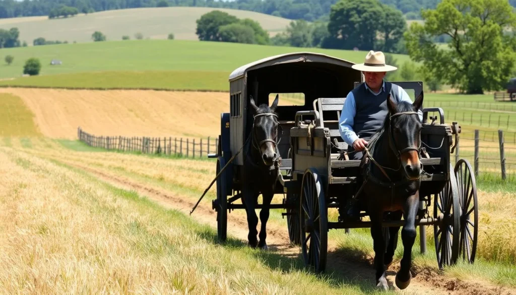 Amish farmer plowing fields with horse-drawn equipment in Lancaster, Pennsylvania Amish farmer plowing fields with horse-drawn equipment in Lancaster, Pennsylvania